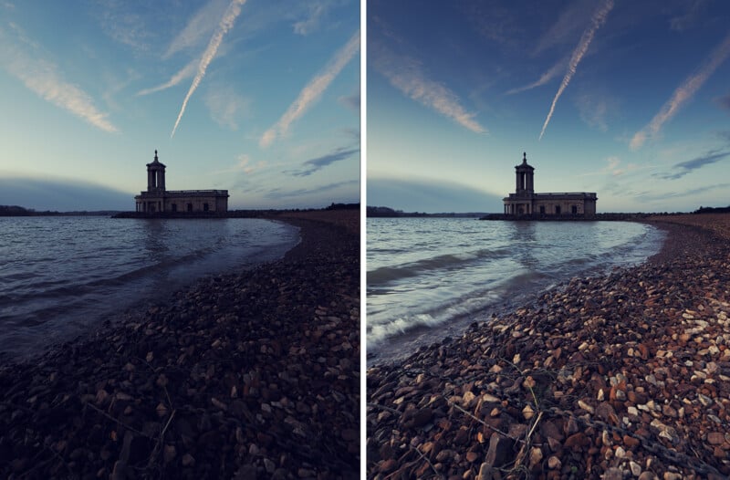 A comparison of the rib in terms of two similar church pictures near the lake shore in the evening. They all have the appearance of the building against the atmosphere and the barriers, the thread with the pebbles in front, and the slightly different systems of water waves.