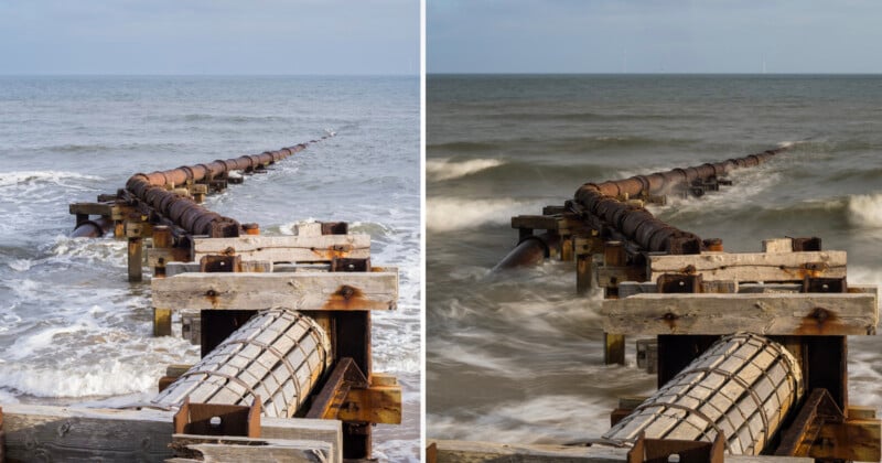 Spread a picture showing a pier or groyne spreading at sea. On the left has a calming water under a cloudy sky; The right side shows fog waves in such a situation. Both sides capture the details of the wooden and metal structure.